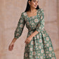 trueBrowns Fern Green Overall Floral Block Print Cotton Square Neck Dress | Swadesiicart