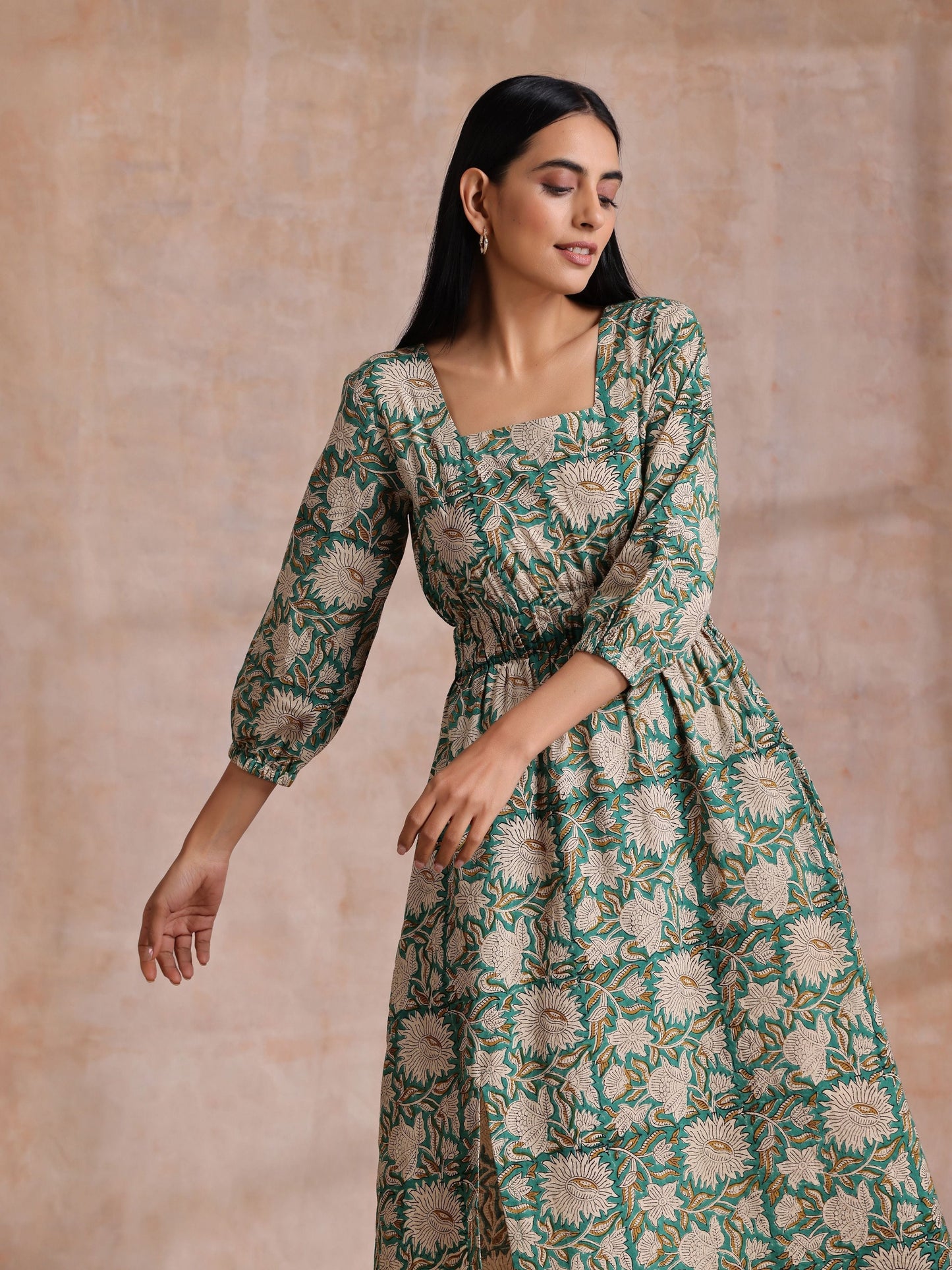 trueBrowns Fern Green Overall Floral Block Print Cotton Square Neck Dress | Swadesiicart