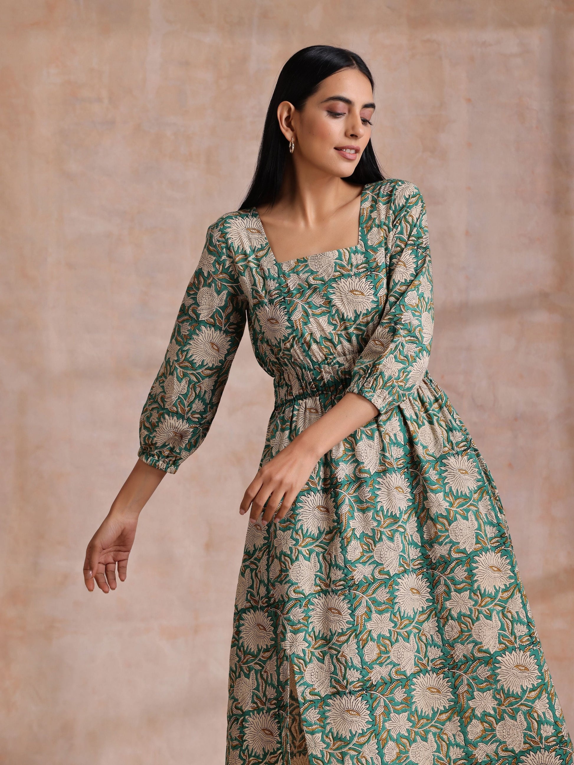 trueBrowns Fern Green Overall Floral Block Print Cotton Square Neck Dress | Swadesiicart