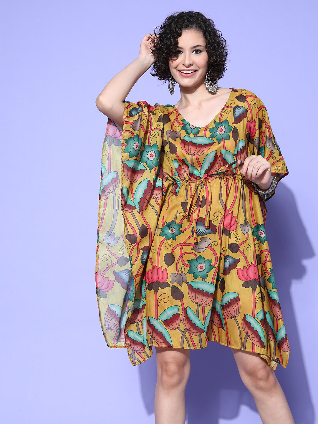 InWeave Women's Mustard Printed Kaftan Dress - Swadesiicart