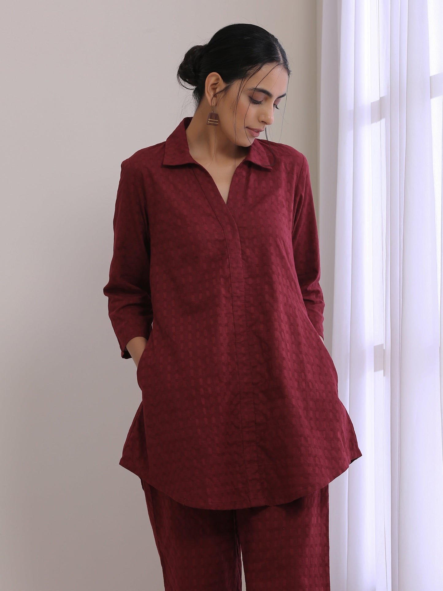 trueBrowns Ruby Wine Dobby Collar Short Co-Ord Set - Swadesiicart