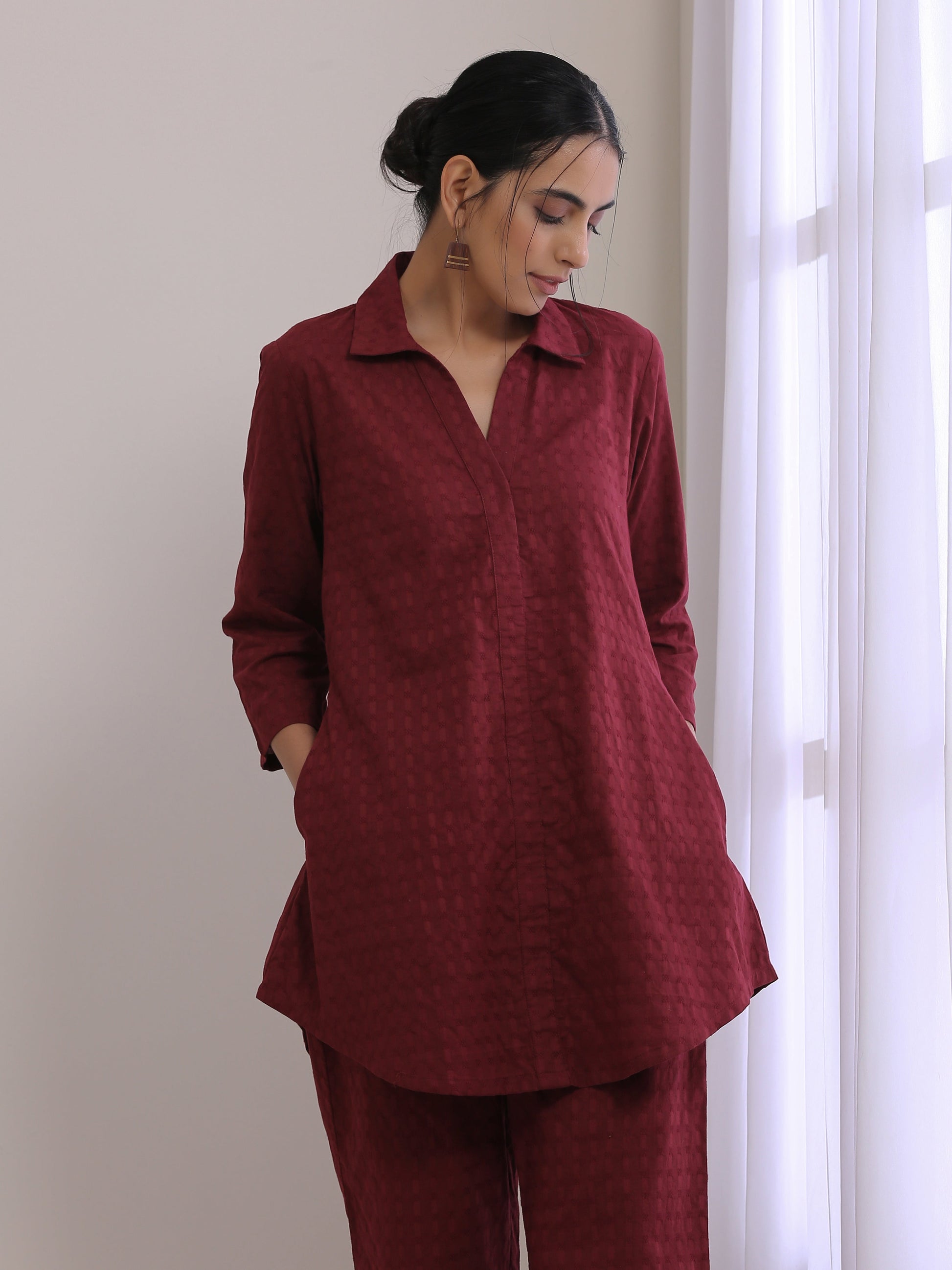 trueBrowns Ruby Wine Dobby Collar Short Co-Ord Set - Swadesiicart