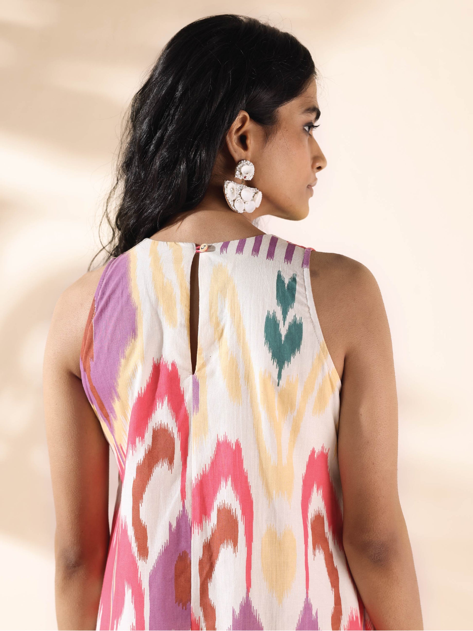 trueBrowns Pink Cotton Ikat Sleeveless Dress | Swadesiicart