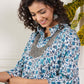InWeave Aqua Blue Floral Grey Jaal Collar Flared Dress - Swadesiicart