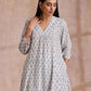 trueBrowns White With Teal Buta Block Print Cotton Front Neck Gathered Kurta Pant Set | Swadesiicart