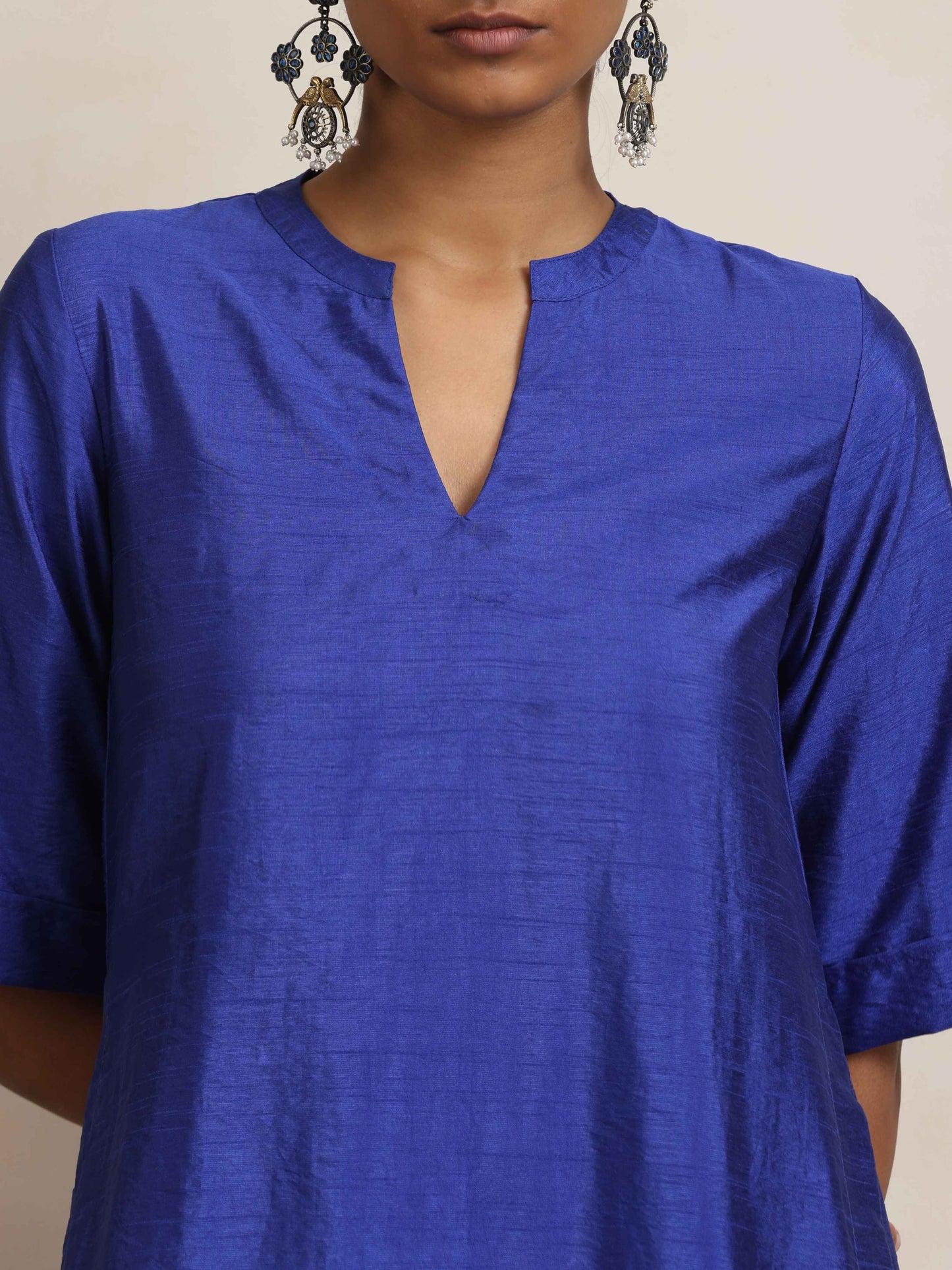 trueBrowns Blue Silk High Slit Kurta Set | Swadesiicart