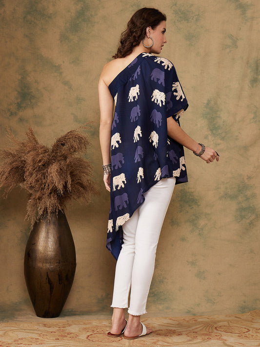 InWeave Women's Blue Elephant Print Oneshoulder Top - Swadesiicart