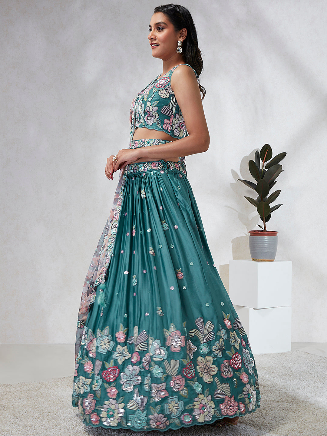 House of Panchhi Turquoise Blue Georgette Sequins And Thread Embroidery Lehenga Choli & Dupatta | Swadesiicart