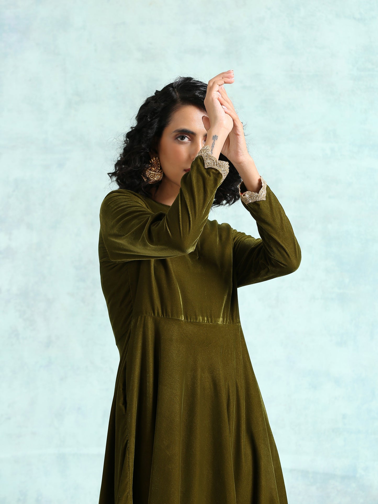 trueBrowns Mehandi Velvet Anarkali Kurta | Swadesiicart