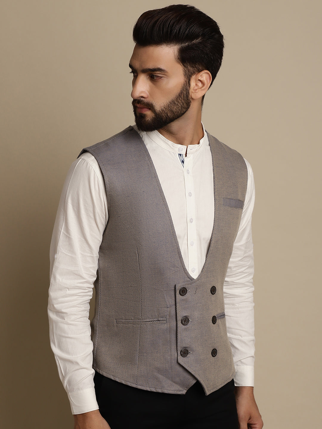 Even Apparels Men's Grey Double Breast Waistcoat | Swadesiicart