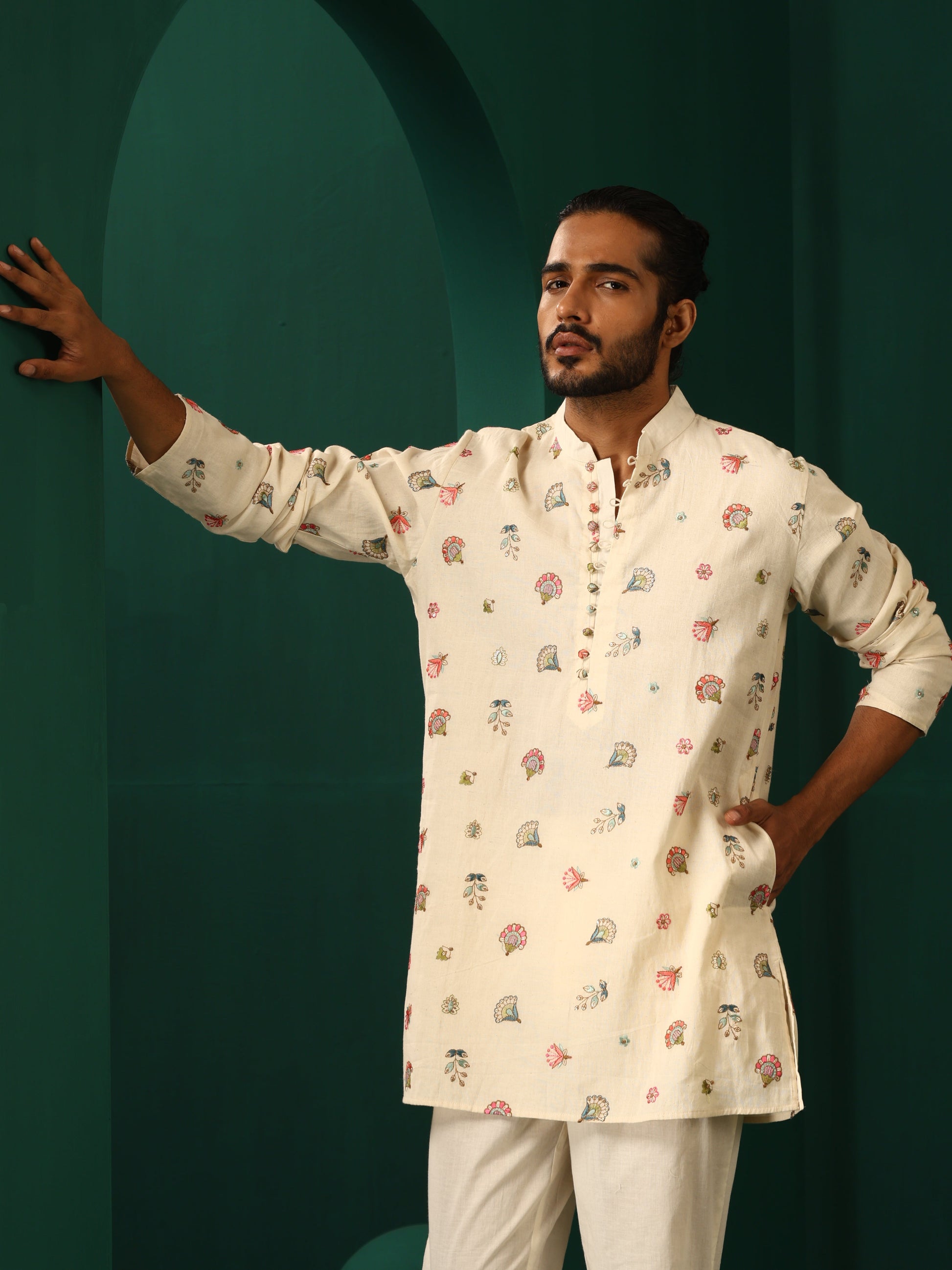 trueBrowns Men's Ivory Multi color Floral Cotton Co-ord Set - Swadesiicart