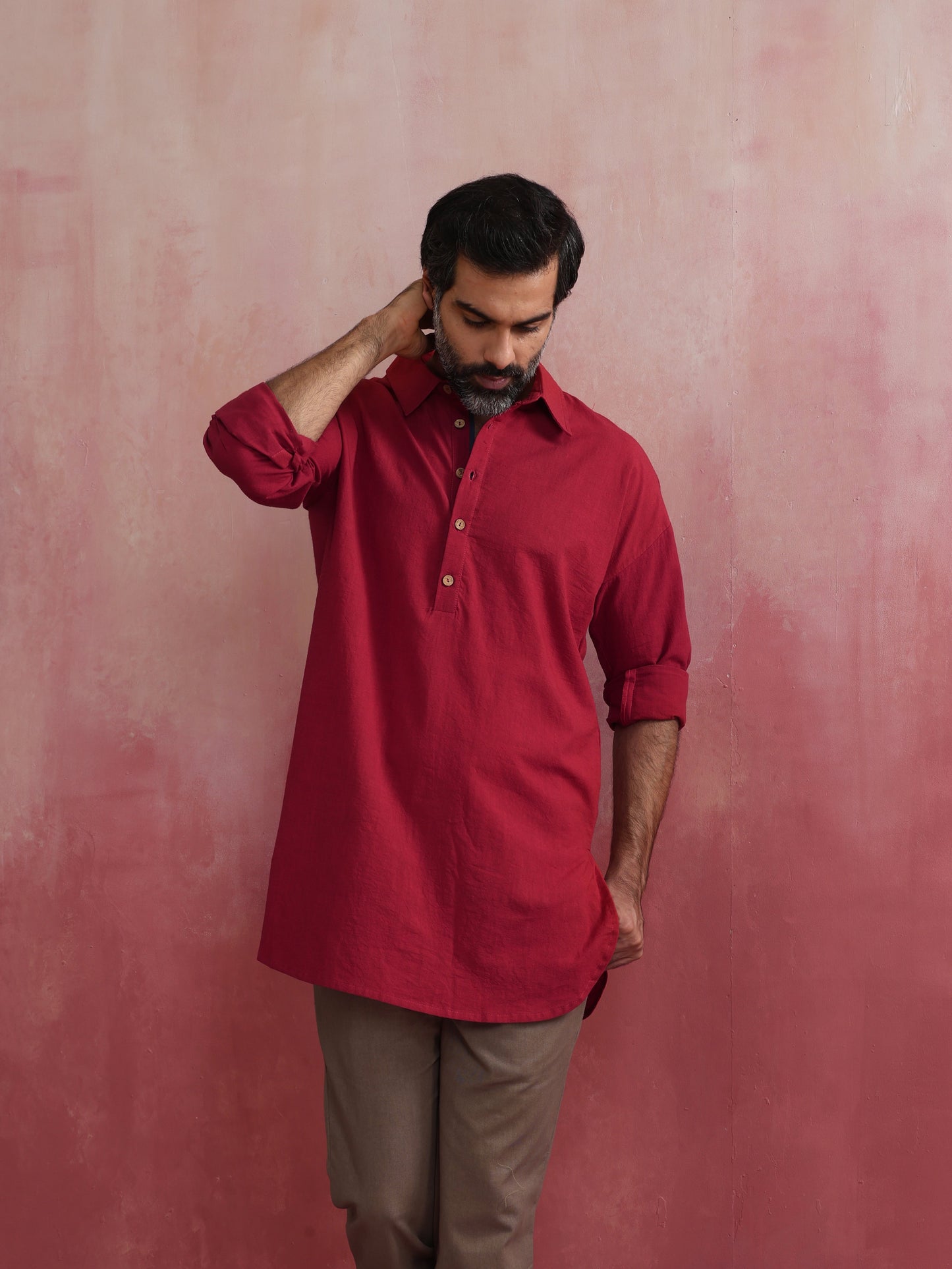 trueBrowns Men's Maroon Cotton Shirt Collar Stylized Kurta | Swadesiicart