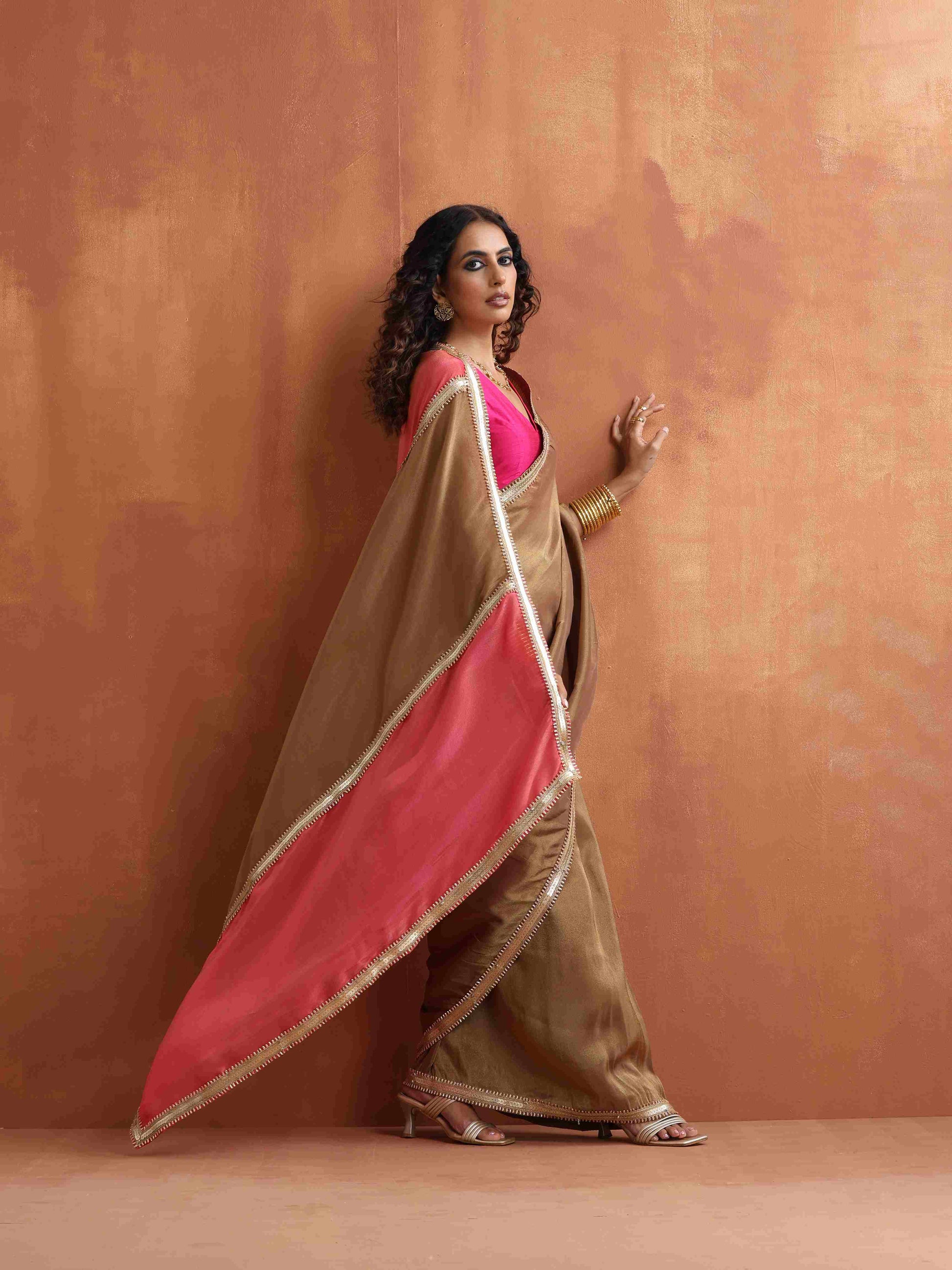 trueBrowns Bronze Tissue Ready To Wear Saree | Swadesiicart