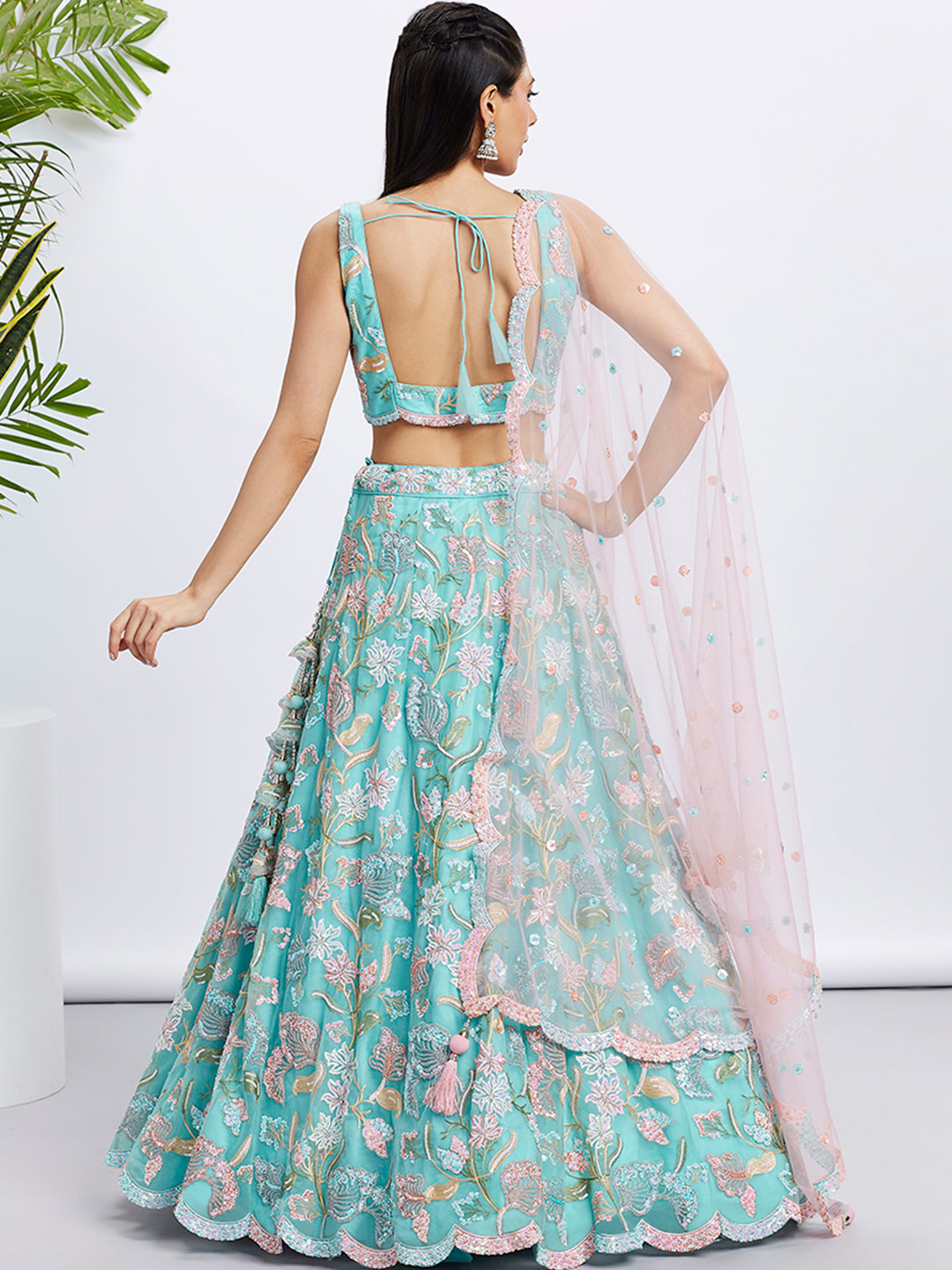 House of Panchhi Turquoise Blue Chiffon Sequins And Thread Embroidery Lehenga Choli & Printed Dupatta | Swadesiicart