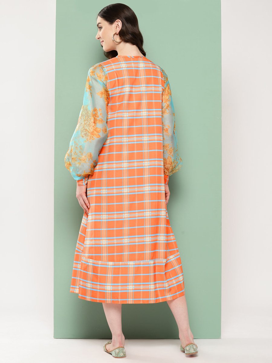 Ahalyaa Checked Tie-Up Neck Sequined Ethnic A-Line Midi Dress | Swadesiicart