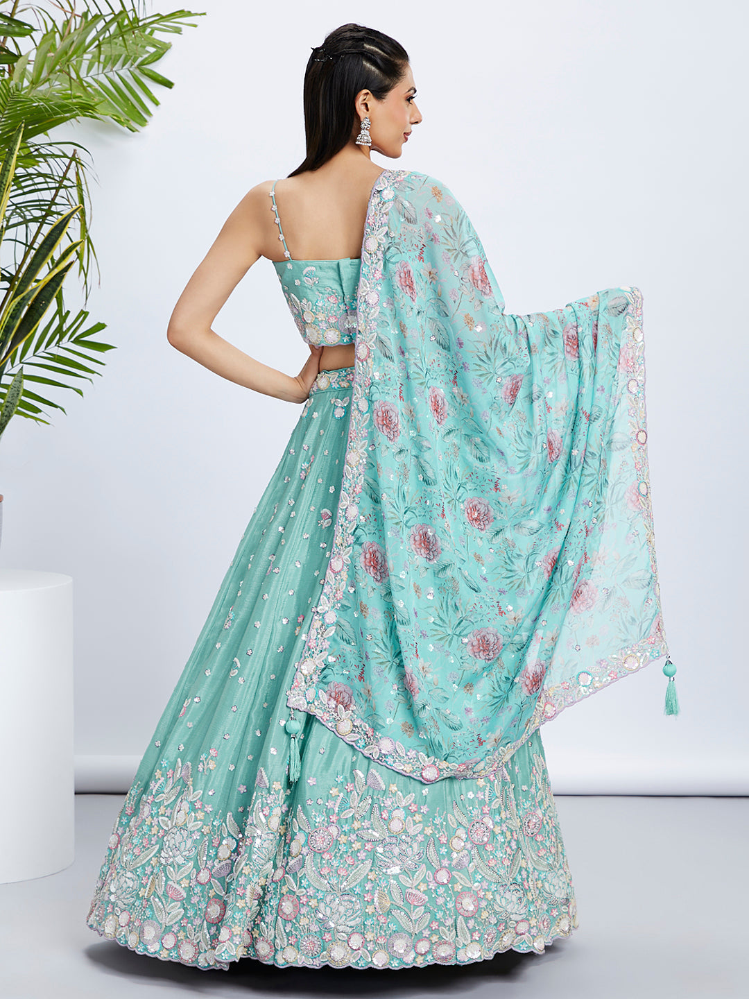House of Panchhi Burgundy Georgette Sequins, Mirror And Thread Embroidery Lehenga Choli & Dupatta | Swadesiicart
