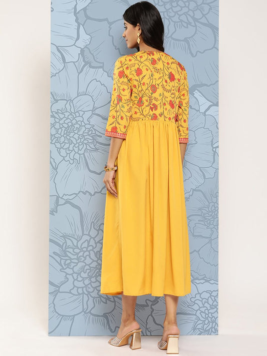 Ahalyaa Floral Print Crepe Empire Midi Ethnic Dress | Swadesiicart