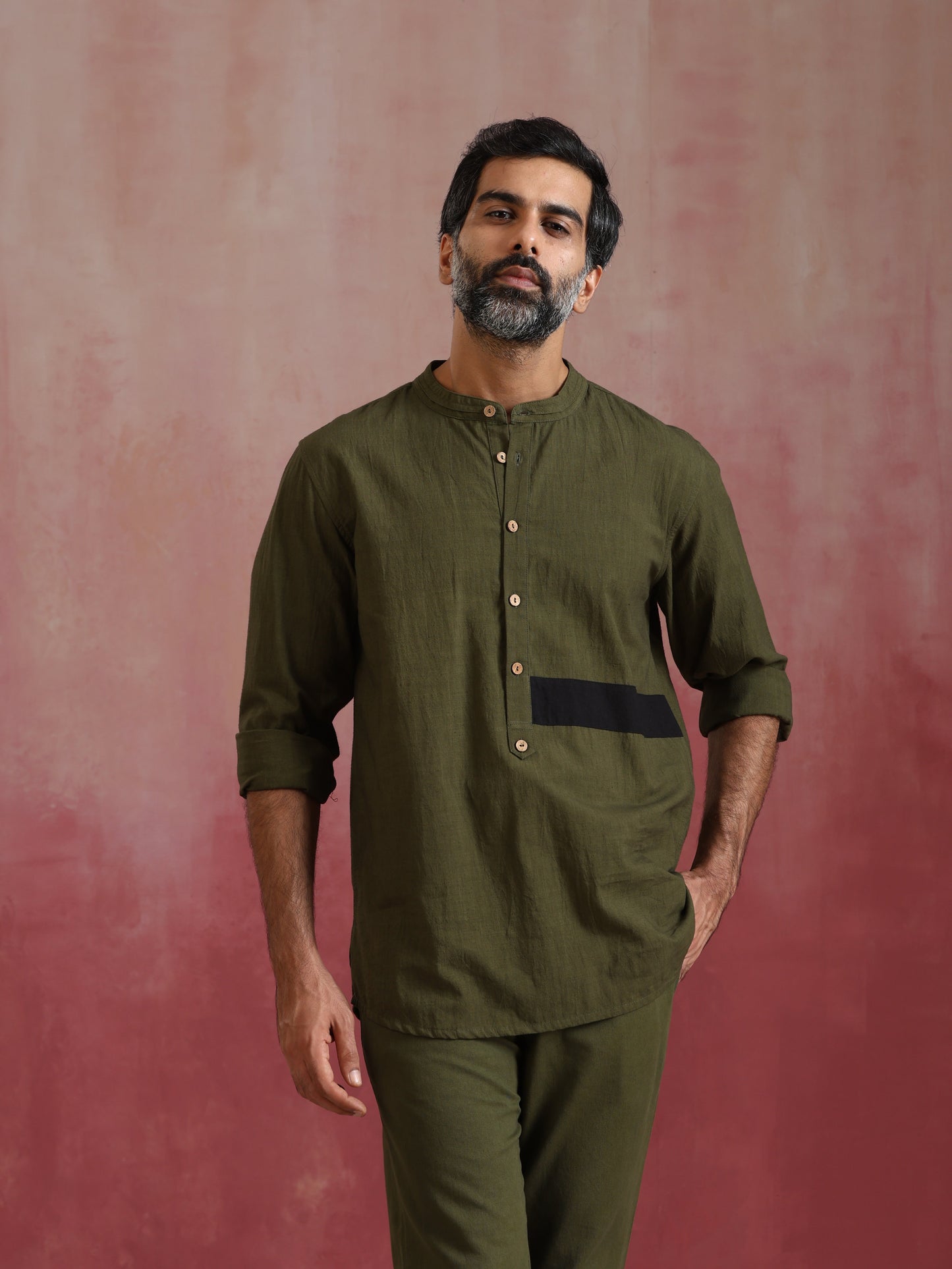 trueBrowns Men's Olive green Cotton Mandarin Collar Kurta Co-ord set - Swadesiicart