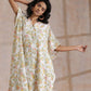 trueBrowns Pink Yellow Floral On White Block Print Cotton Panel Kaftan Kurta Pant Set | Swadesiicart