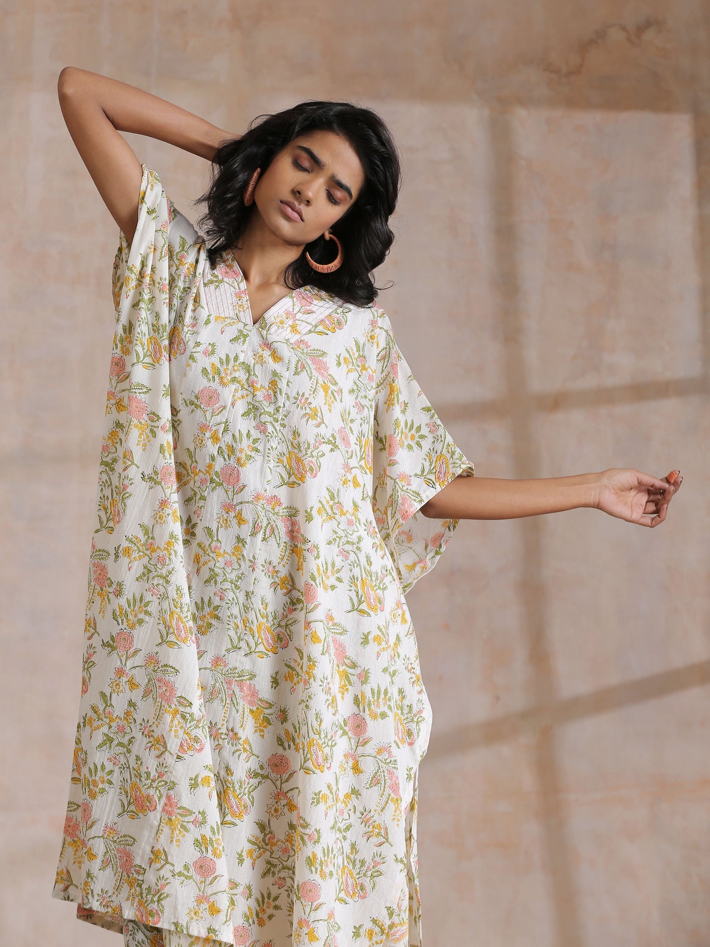 trueBrowns Pink Yellow Floral On White Block Print Cotton Panel Kaftan Kurta Pant Set | Swadesiicart