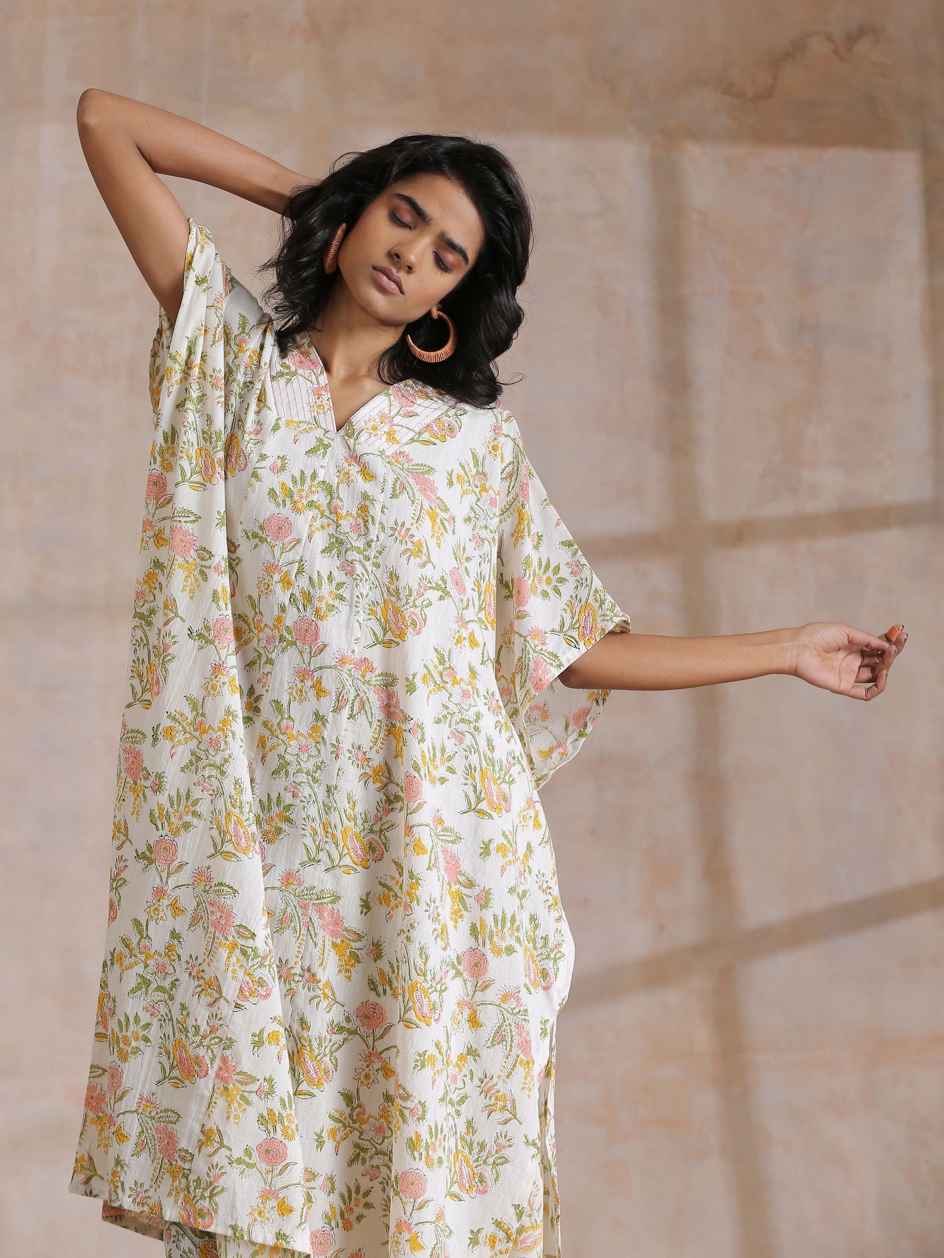 trueBrowns Pink Yellow Floral On White Block Print Cotton Panel Kaftan Kurta Pant Set | Swadesiicart