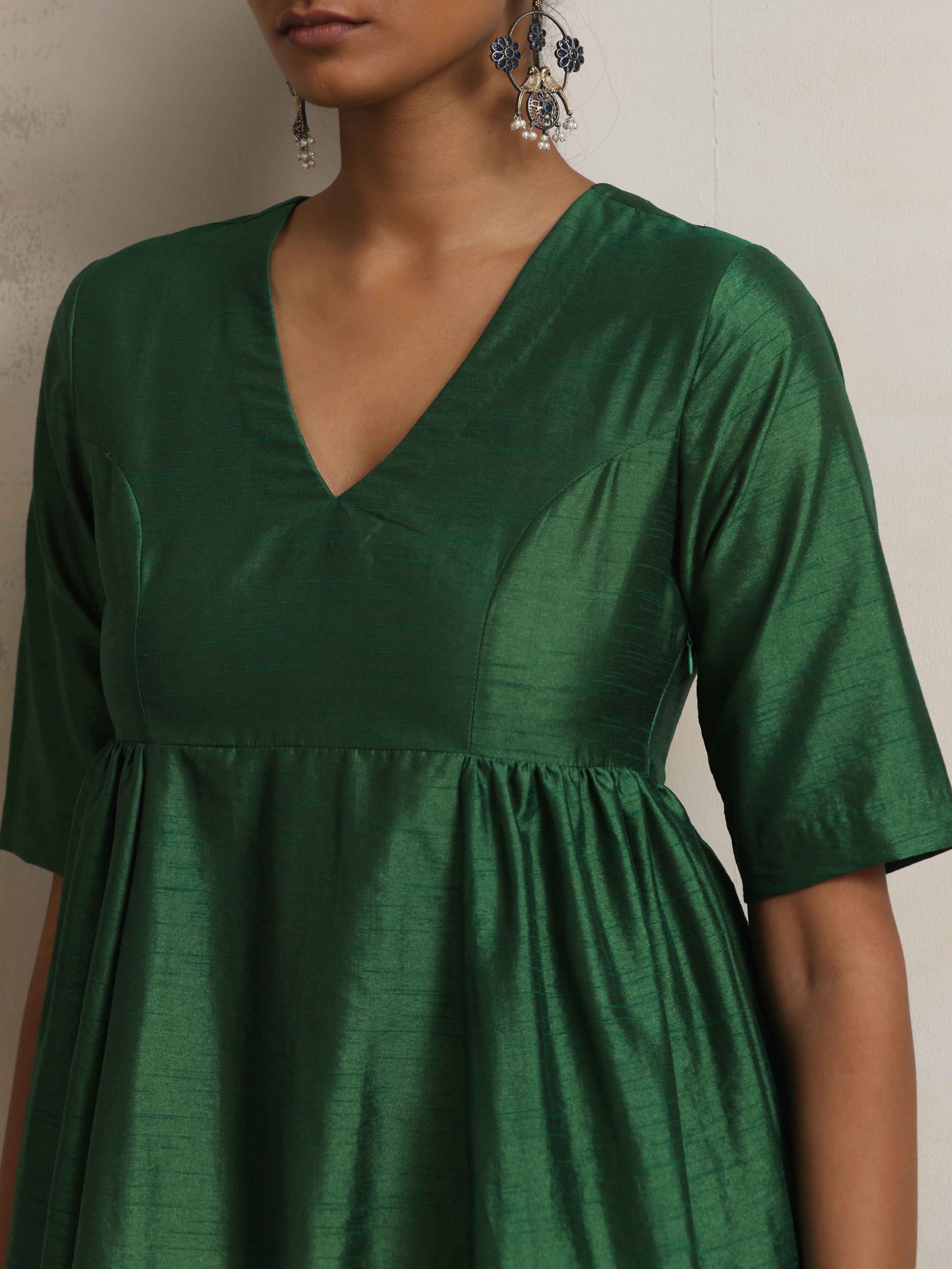 trueBrowns Dark Green Silk Arkali Flared Kurta Set | Swadesiicart