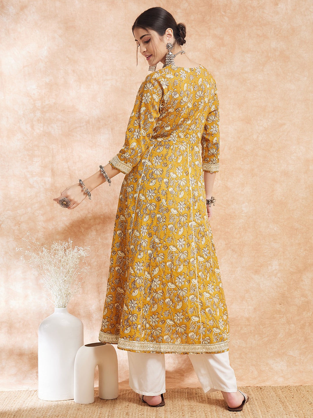 InWeave Women's Mustard Printed Gota Embroidered Anarkali Kurta - Swadesiicart