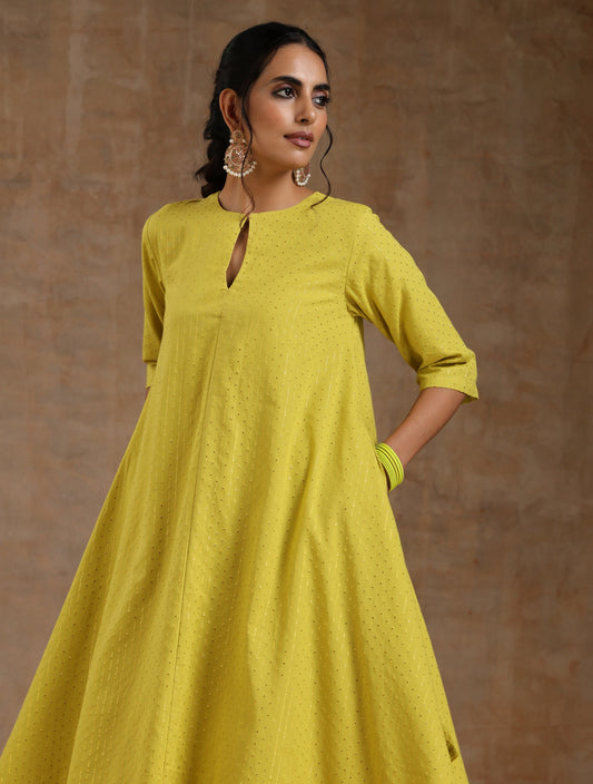 trueBrowns Lime Gold Cotton Handkerchief Kurta Set | Swadesiicart