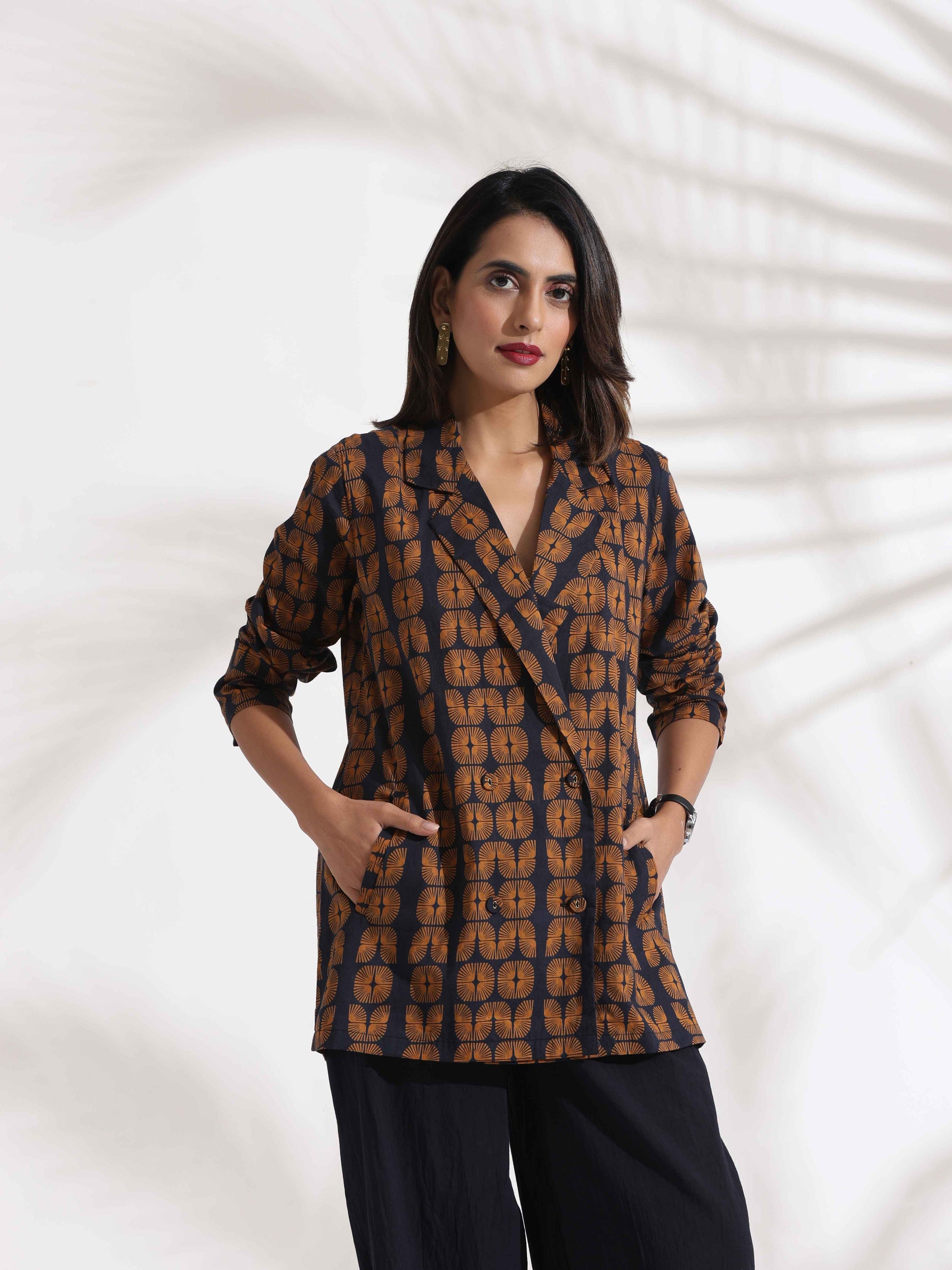 trueBrowns Black Cotton Print Jacket Top Co-ord Set - Swadesiicart