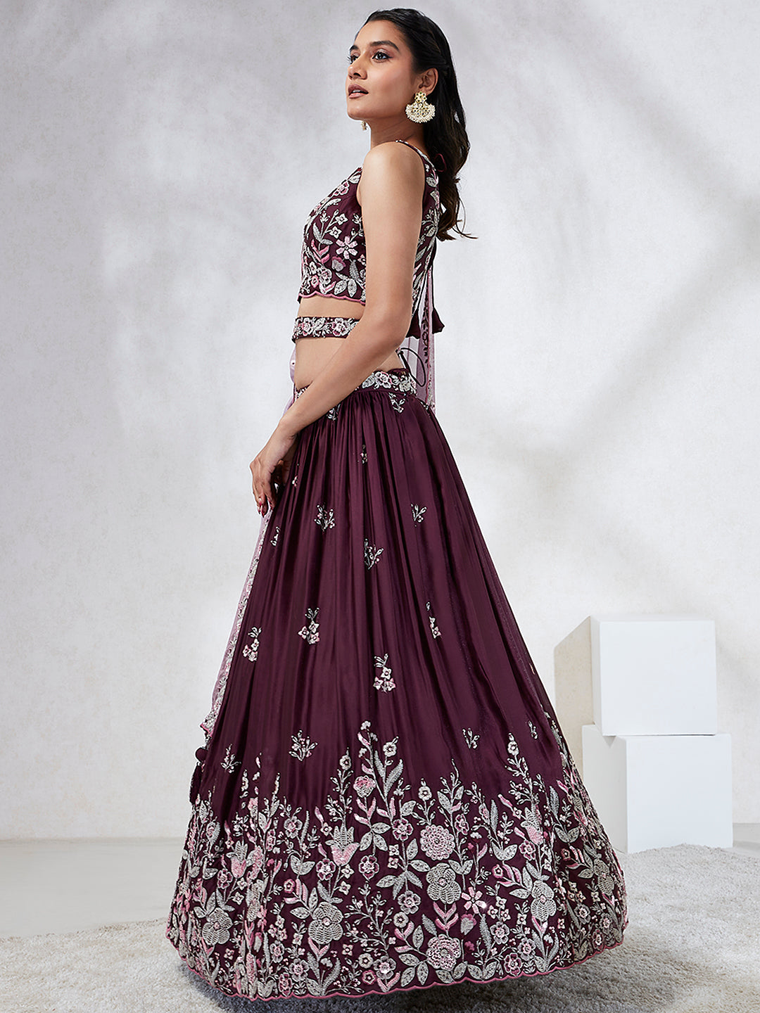 House of Panchhi Burgundy Pure Georgette Sequins And Thread Embroidery Lehenga Choli & Dupatta | Swadesiicart