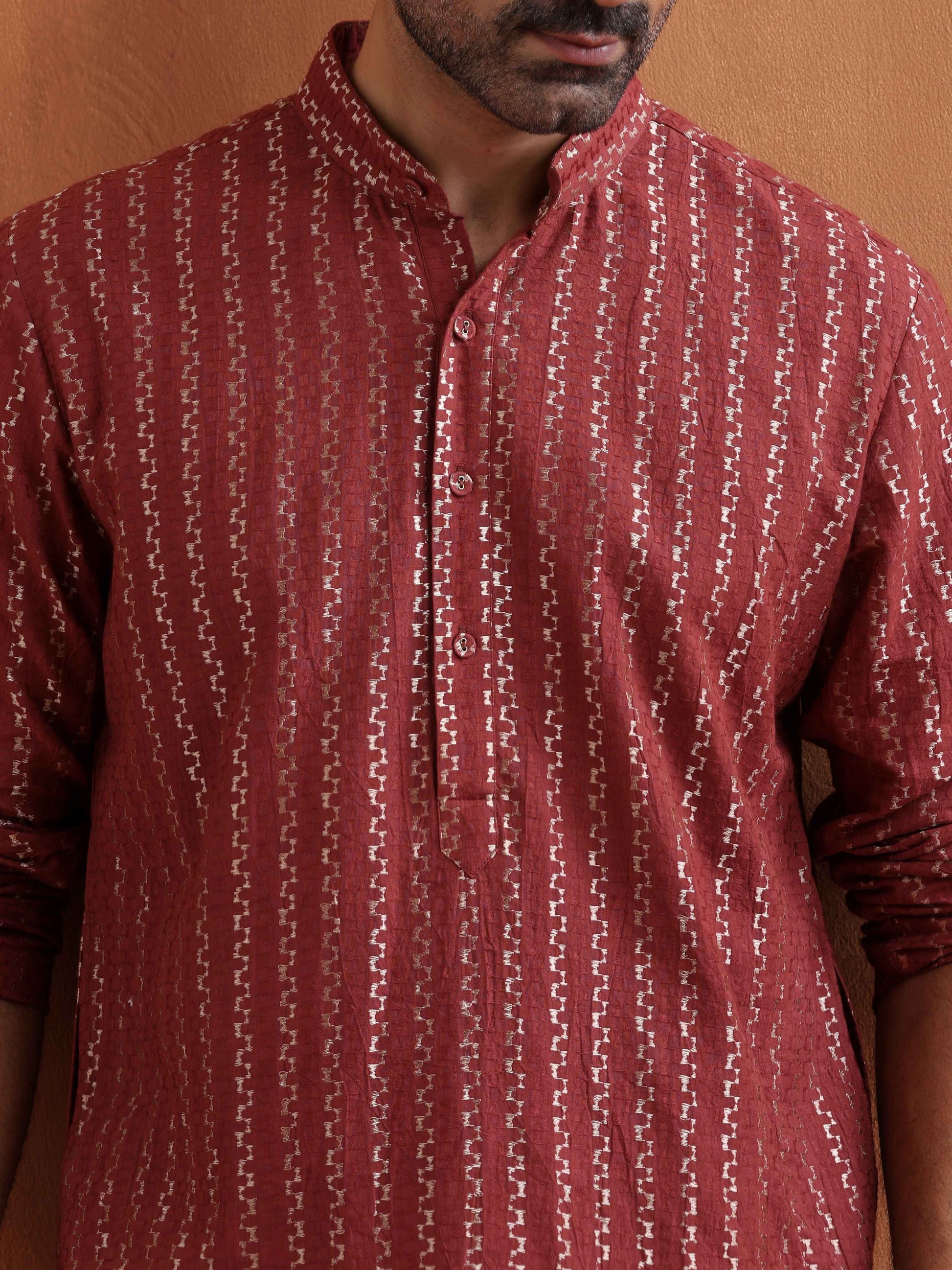 trueBrowns Men's Rust Cotton Dobby Kurta | Swadesiicart