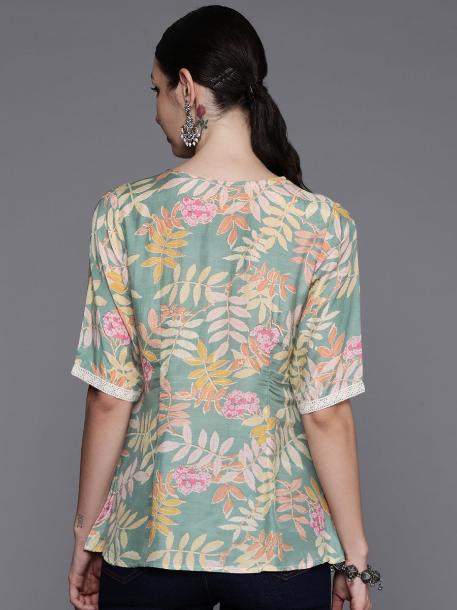 Ahalyaa Floral Printed Tunic with Lace Inserts Detail | Swadesiicart
