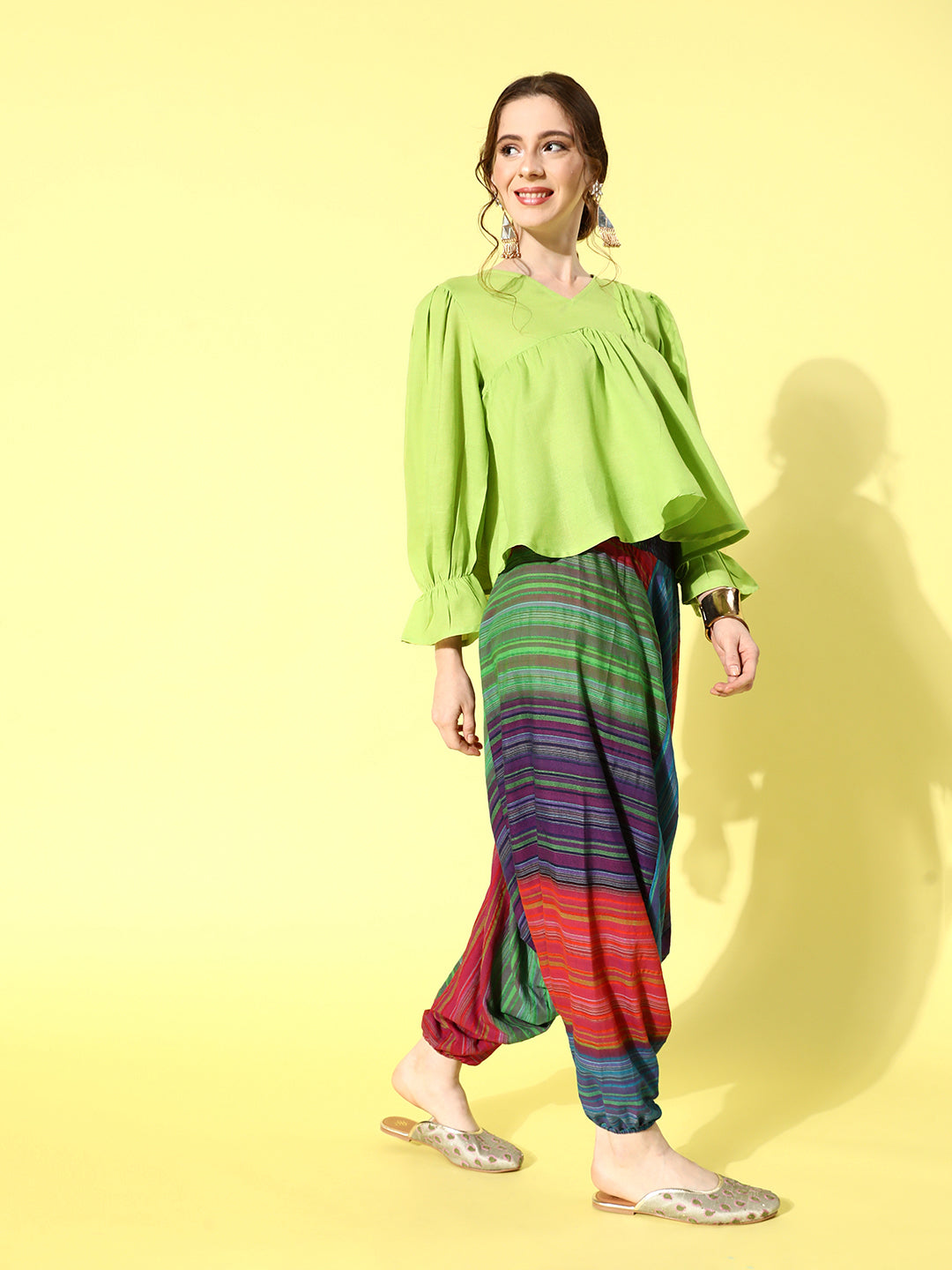 InWeave Women's Green Top With Multi Clr Harem Set - Swadesiicart