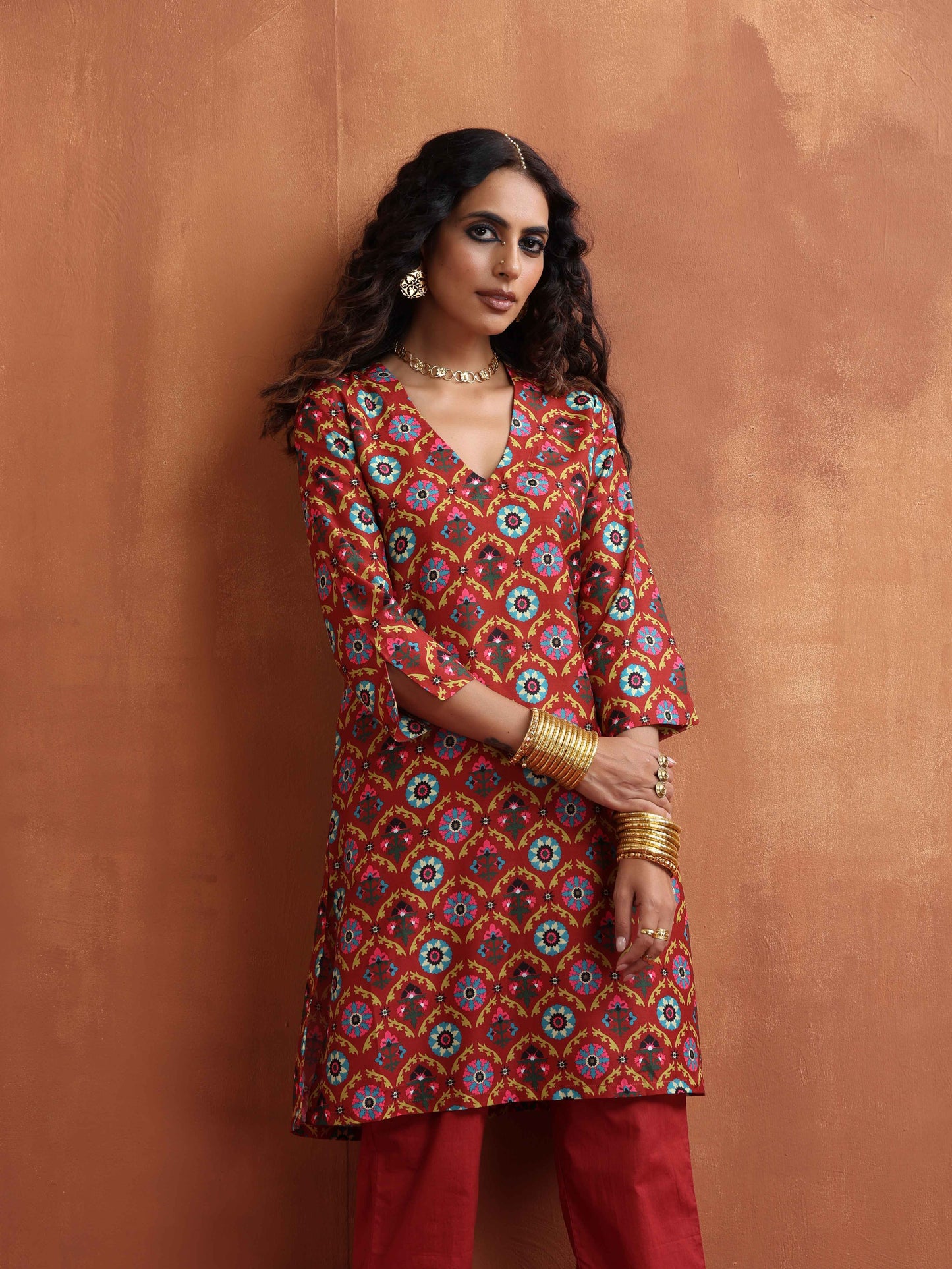 trueBrowns Rust Print Kurta Co-ord Set - Swadesiicart