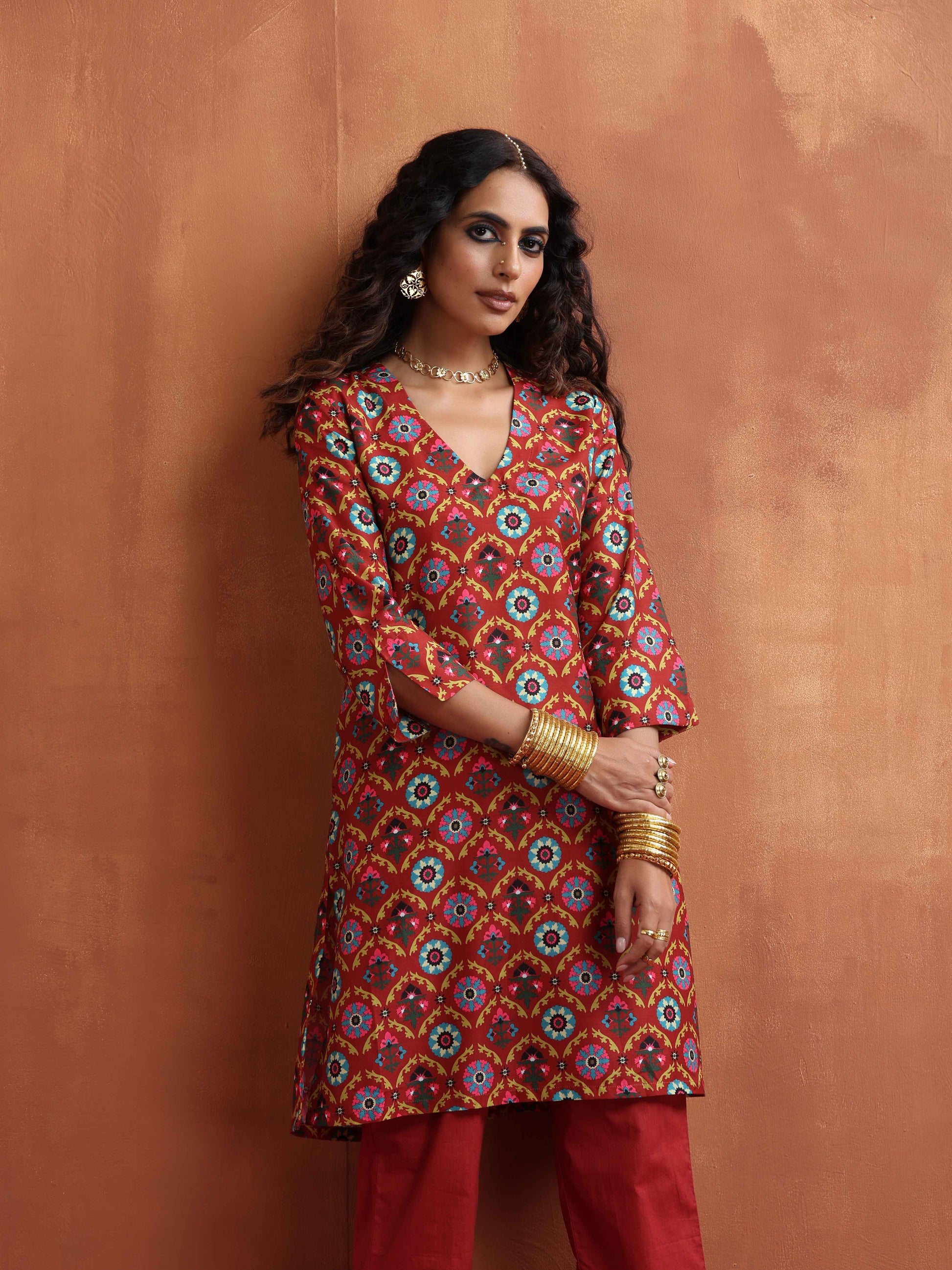 trueBrowns Rust Print Kurta Co-ord Set - Swadesiicart