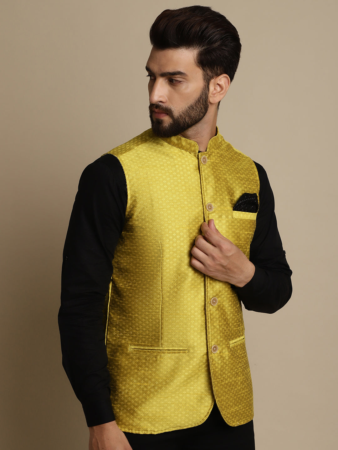 Even Apparels Men's Yellow Mandarin Collar Waistcoat | Swadesiicart