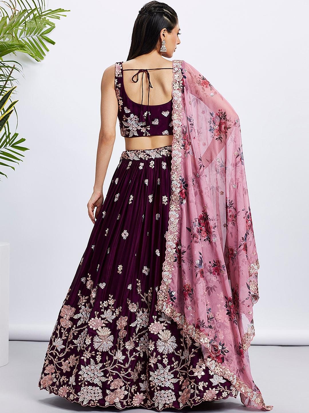 House of Panchhi Purple Pure Georgette Sequins And Thread Embroidery Lehenga Choli & Dupatta | Swadesiicart