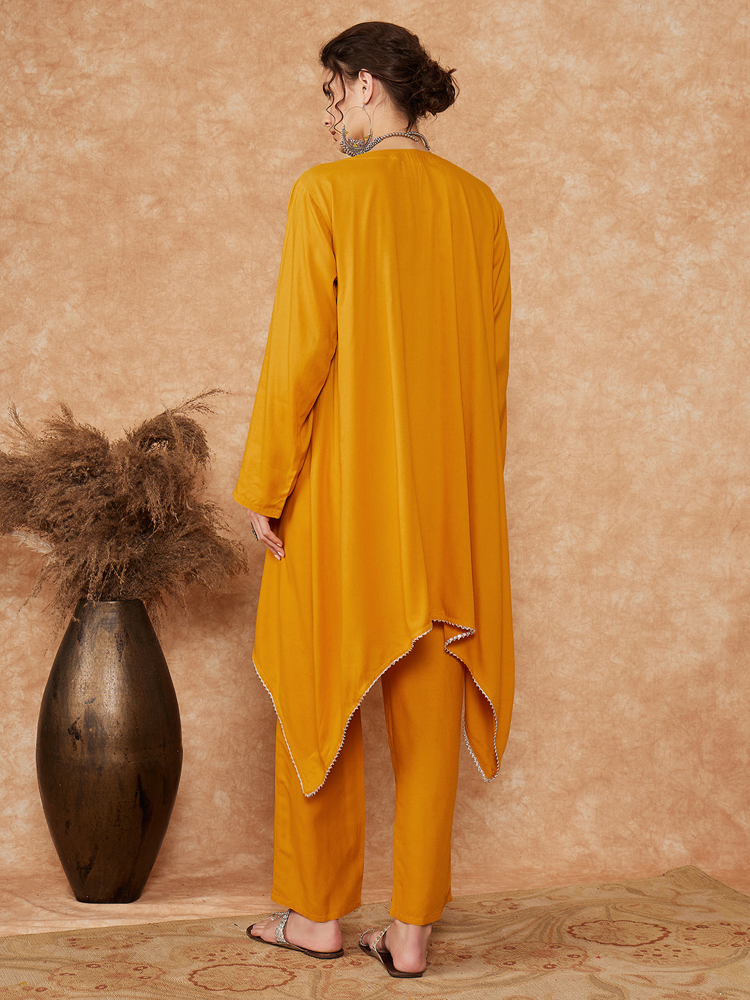 InWeave Women's Mustard Trangle Yellow Patch Work Assymentrical Kurta Set - Swadesiicart