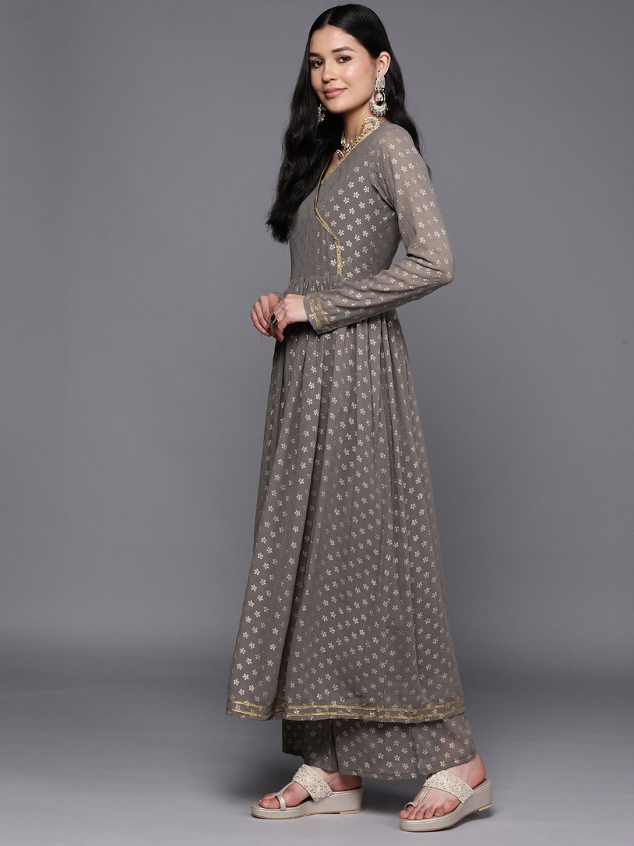 Ahalyaa Women Grey Floral Empire Kurta with Palazzos | Swadesiicart