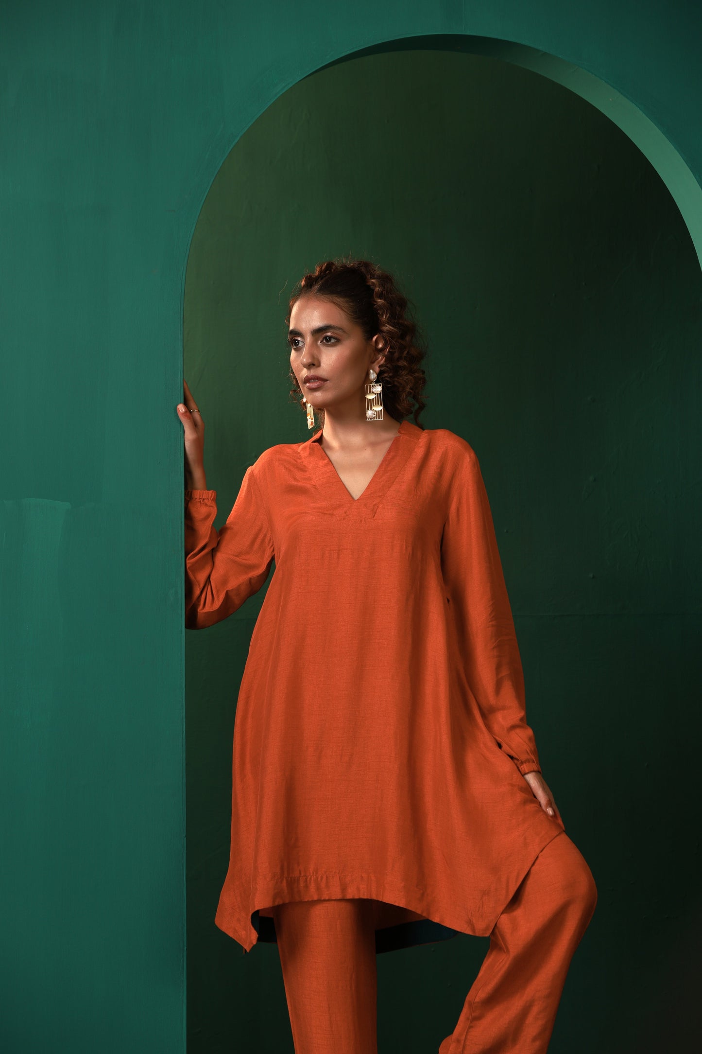 trueBrowns Rust Silk Collar Co-ord Set - Swadesiicart