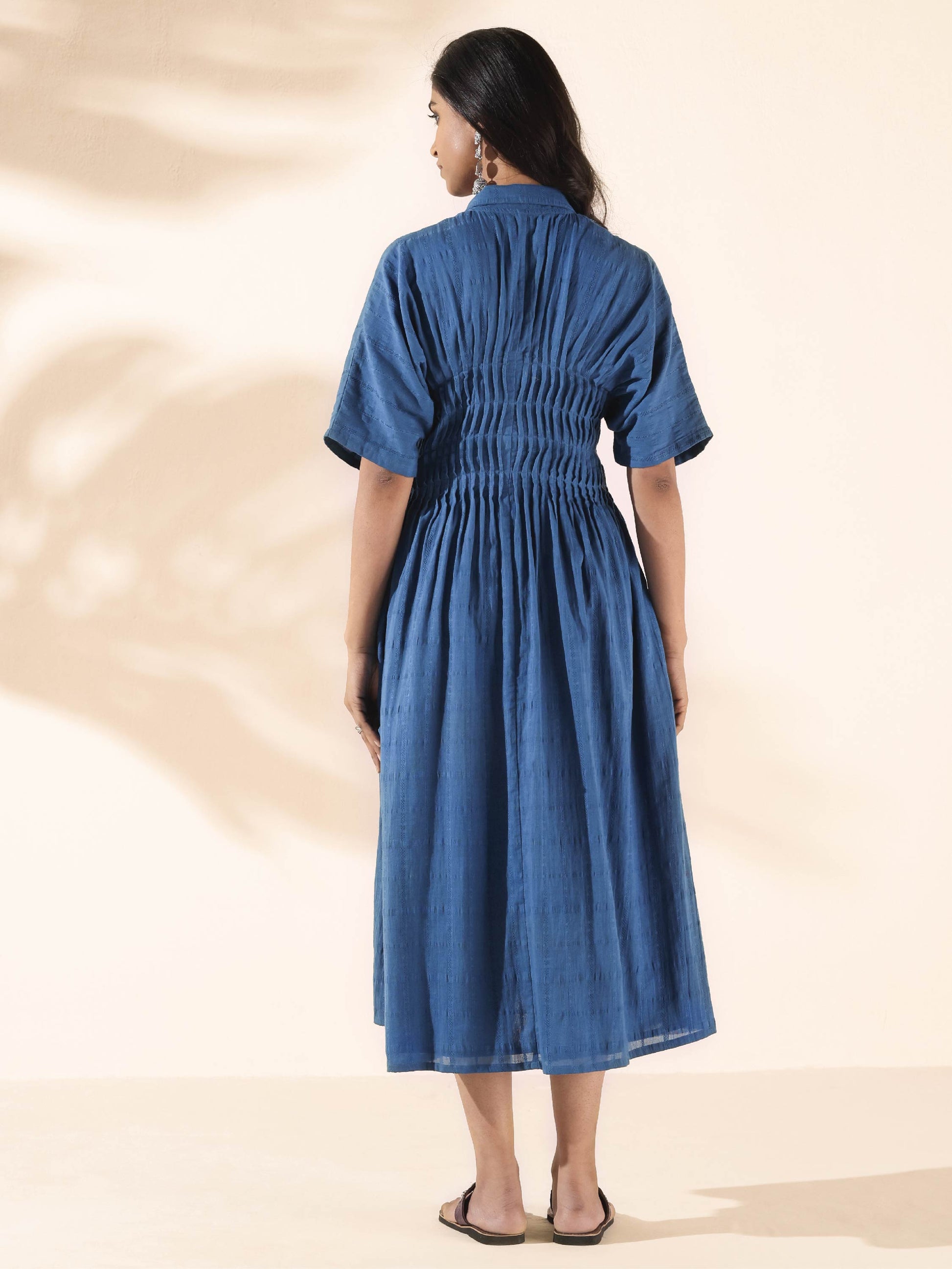 trueBrowns Blue Cotton Dobby Dress | Swadesiicart
