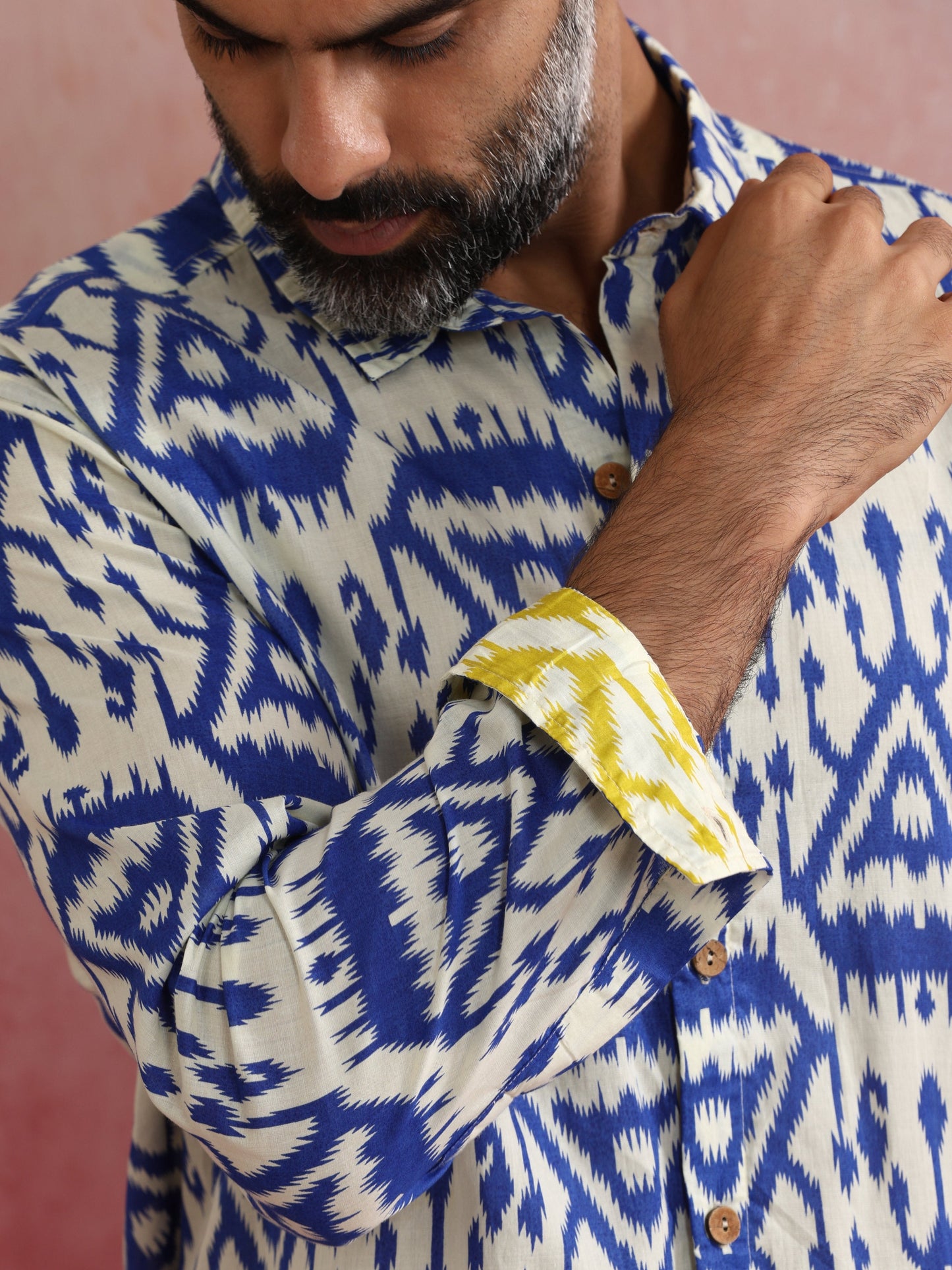 trueBrowns Men's Blue Ikat Print Cambric Shirt | Swadesiicart