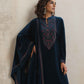 trueBrowns Blue Velvet Floral Embroidered Kurta Pant Dupatta Set | Swadesiicart