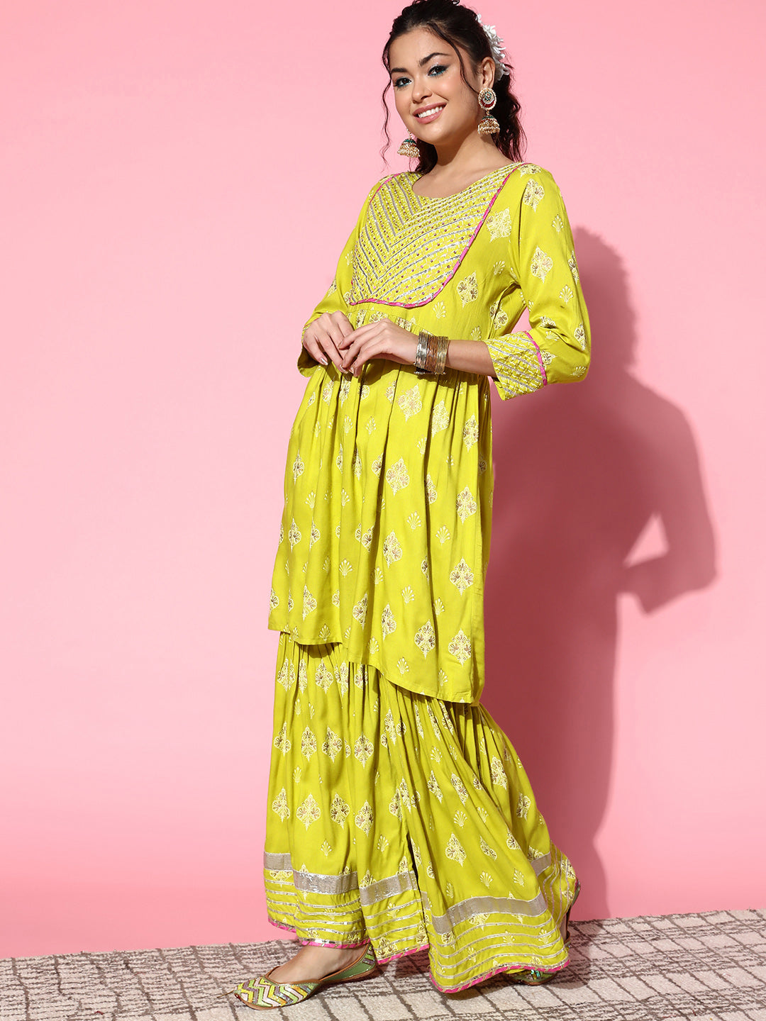 InWeave Women's Light Green Gota Work Kurta Sharara Set - Swadesiicart