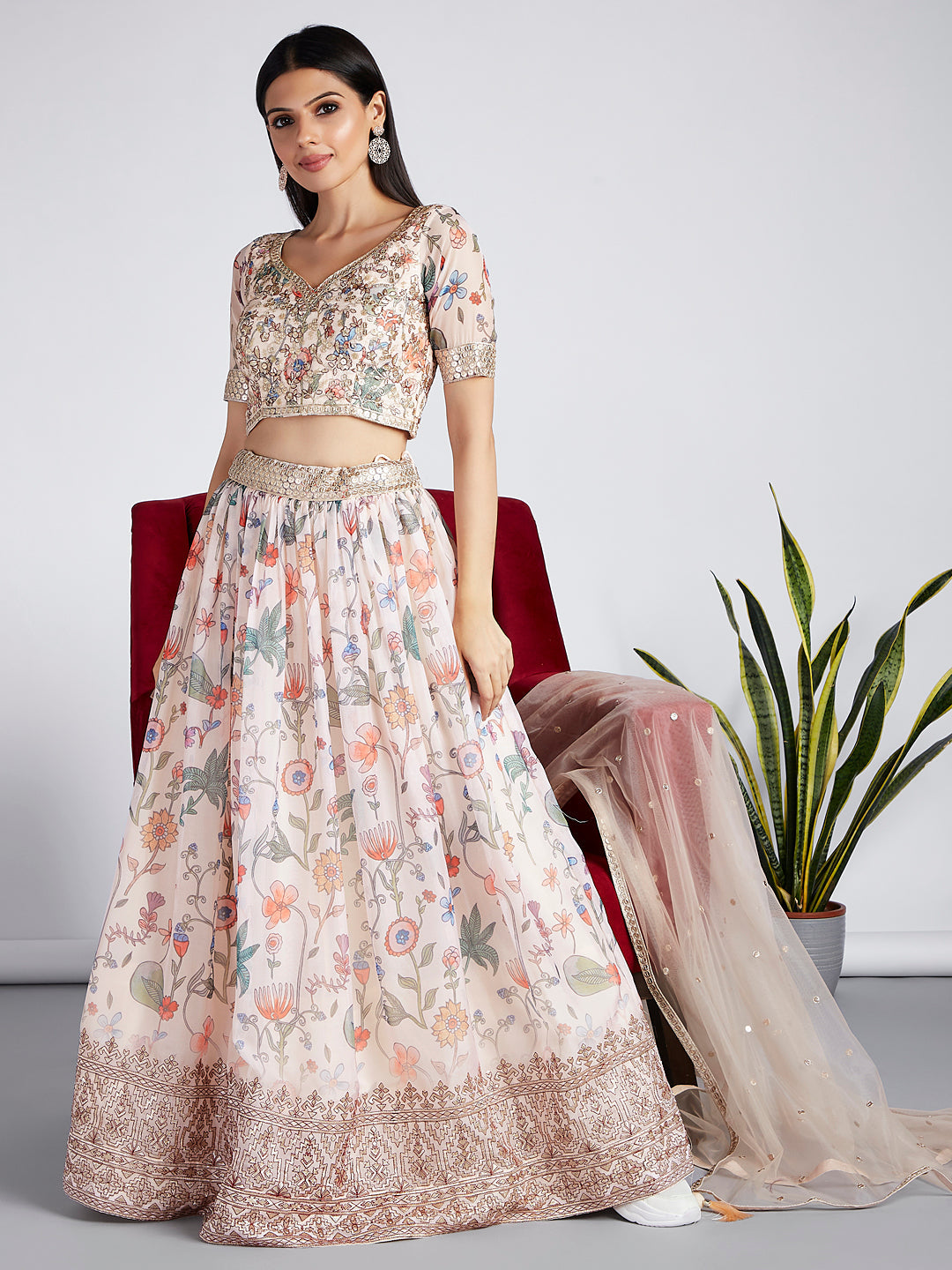 House of Panchhi Cream Colour Organza Floral Design Digital Print Lehenga Choli & Dupatta | Swadesiicart