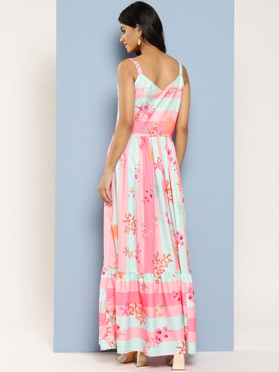 Ahalyaa Striped Floral Print Crepe Maxi Ethnic Dress | Swadesiicart