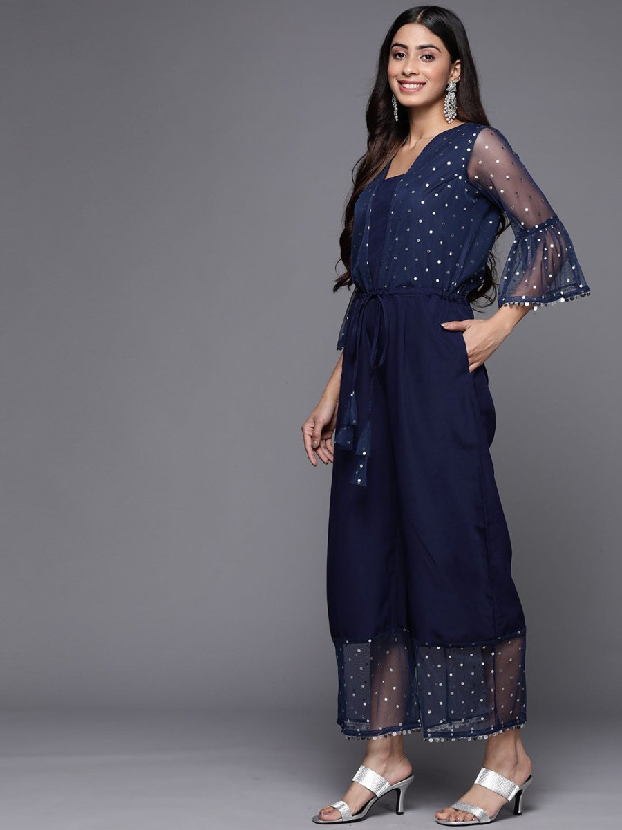 Ahalyaa Printed Bell Sleeves Crepe Basic Jumpsuit With Waist Tie-Ups | Swadesiicart