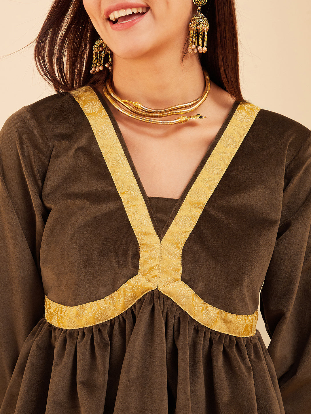 InWeave Women's Brown Mughal Shaan Style Velvet Short Kurta Set - Swadesiicart