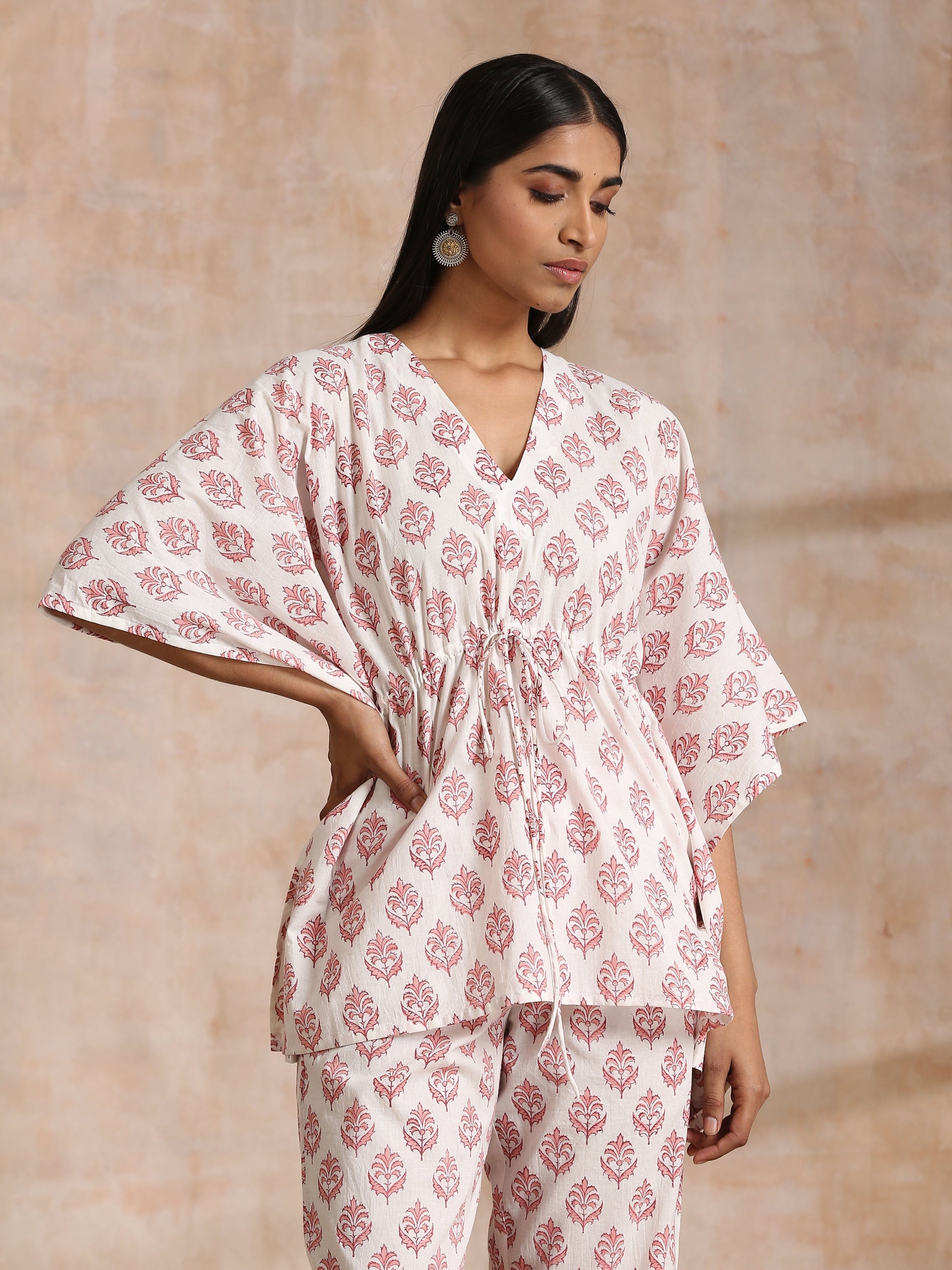 trueBrowns Pink Buta On White Block Print Cotton Kaftan Co-Ord Set - Swadesiicart