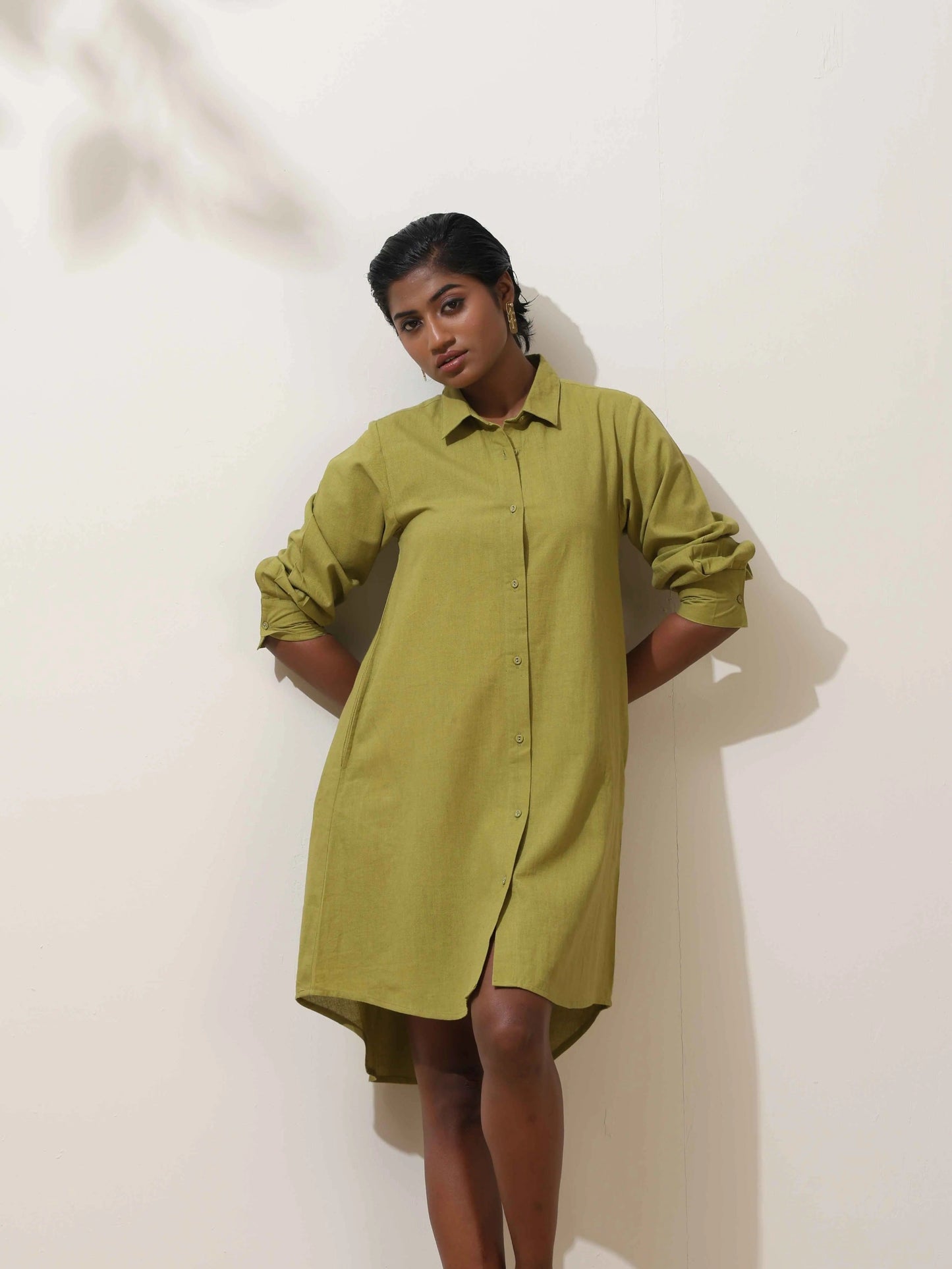 trueBrowns Pear Green Cotton Linen Dress | Swadesiicart
